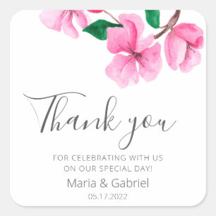 Pegatina Cuadrada Cerezo en flor. Elegante Boda floral Gracias