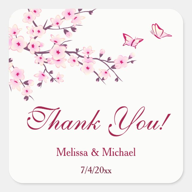 Pegatina Cuadrada Cerezo en flor Gracias Favor De Boda (Anverso)