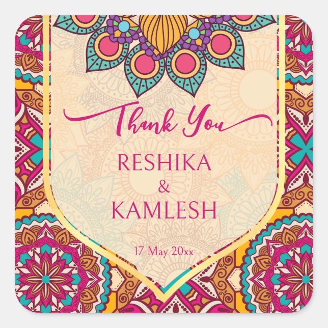 Pegatina Cuadrada Cerise mandala rangoli boda nombre personalizado (Anverso)