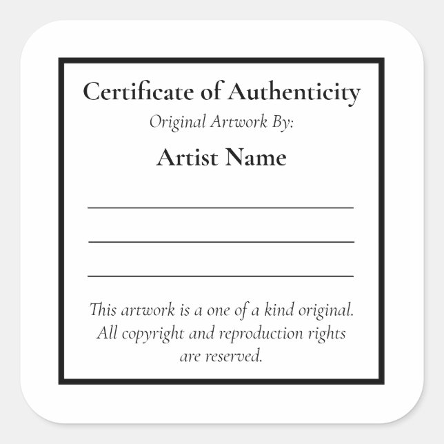 Pegatina Cuadrada Certificado de autenticidad de personalizable (Anverso)