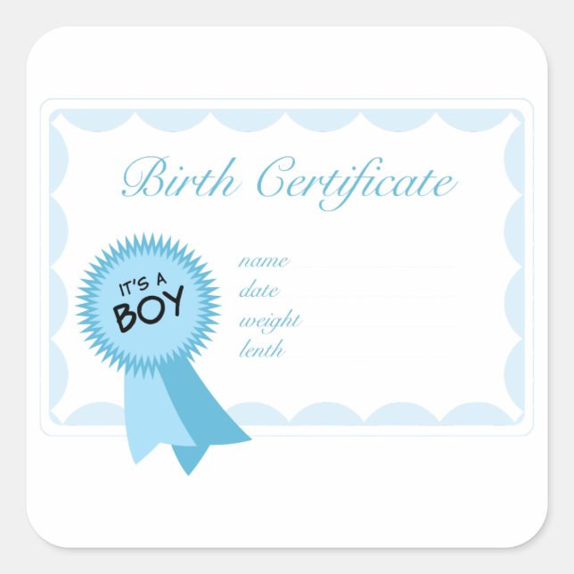 Pegatina Cuadrada Certificado de nacimiento de niño (Anverso)