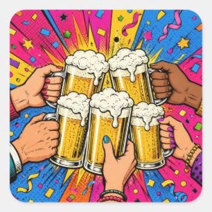Pegatina Cuadrada Cerveza de Cumpleaños Aclamaciones Arte Pop