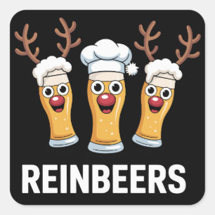 Pegatina Cuadrada Cerveza Divertida Reno Cerveza Navidad Bebida 