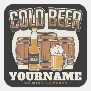 Pegatina Cuadrada Cerveza Fría Personalizada Roble Barril Cervecería