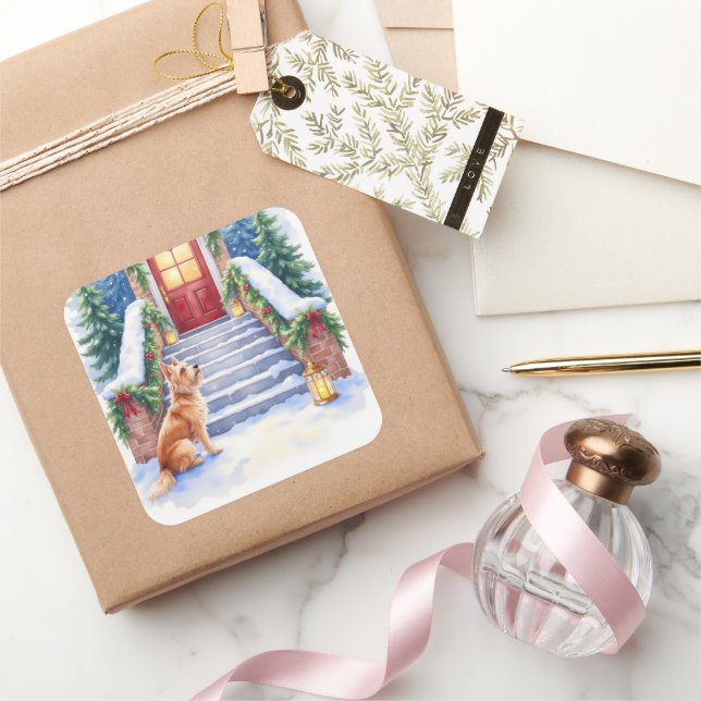Pegatina Cuadrada Cesky Terrier Snowy Staircase Christmas Art (Regalar)