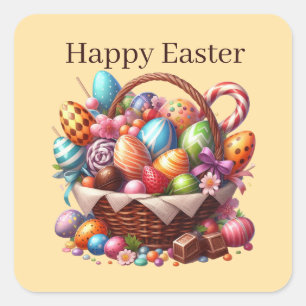 Pegatina Cuadrada Cesta de Cute Happy Easter
