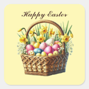 Pegatina Cuadrada Cesta de Cute Happy Easter