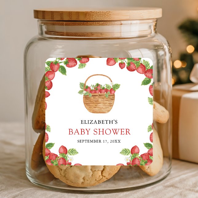 Pegatina Cuadrada Cesta de fresa Berry Sweet Baby Shower (Subido por el creador)