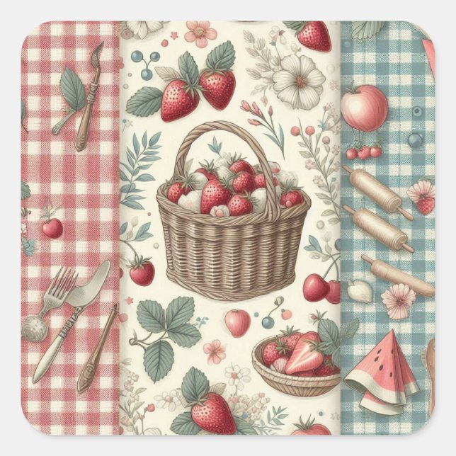 Pegatina Cuadrada Cesta de Frutas Gingham Diversión (Anverso)