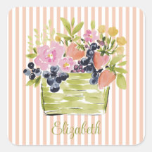 Cesta de Frutas y Flores en Acuarela sobre Rayas