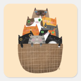 Pegatina Cuadrada Cesta de gatitos