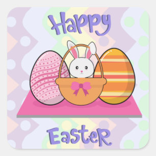 Pegatina Cuadrada Cesta de huevos de conejo de Pascua feliz