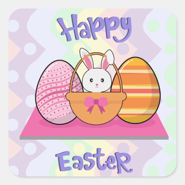 Pegatina Cuadrada Cesta de huevos de conejo de Pascua feliz (Anverso)