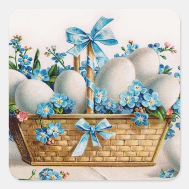 Pegatina Cuadrada Cesta de Pascua con nomeolvides (Anverso)