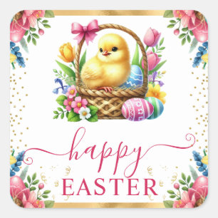 Pegatina Cuadrada Cesta de Pascua de pollito de primavera en acuarel