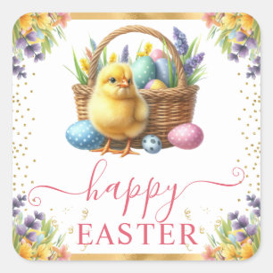 Pegatina Cuadrada Cesta de Pascua de pollito de primavera en acuarel