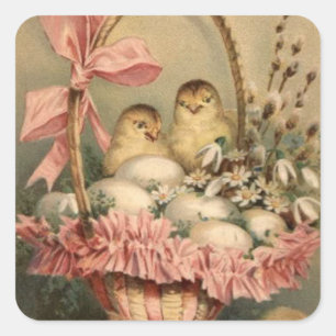 Pegatina Cuadrada Cesta de Pascua Huevo Pollito Lazo Rosa Nomeolvide