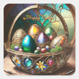Pegatina Cuadrada Cesta de Pascua Steampunk Llena de Huevos Colorido