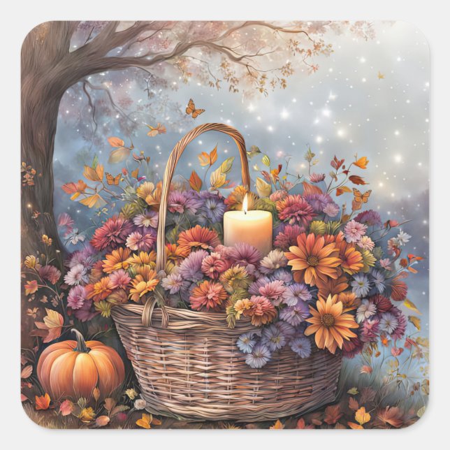 Pegatina Cuadrada Cesta de velas de flores y follaje de otoño (Anverso)