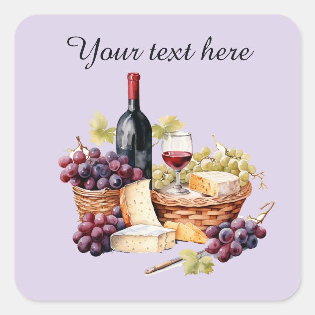 Pegatina Cuadrada Cesta de vinos añadir texto (Anverso)
