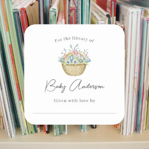 Pegatina Cuadrada Cesta floral rosa azul cesta de bebé