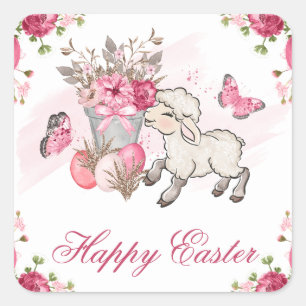 Pegatina Cuadrada Cesta floral rosa y corderito lindo Feliz Pascua