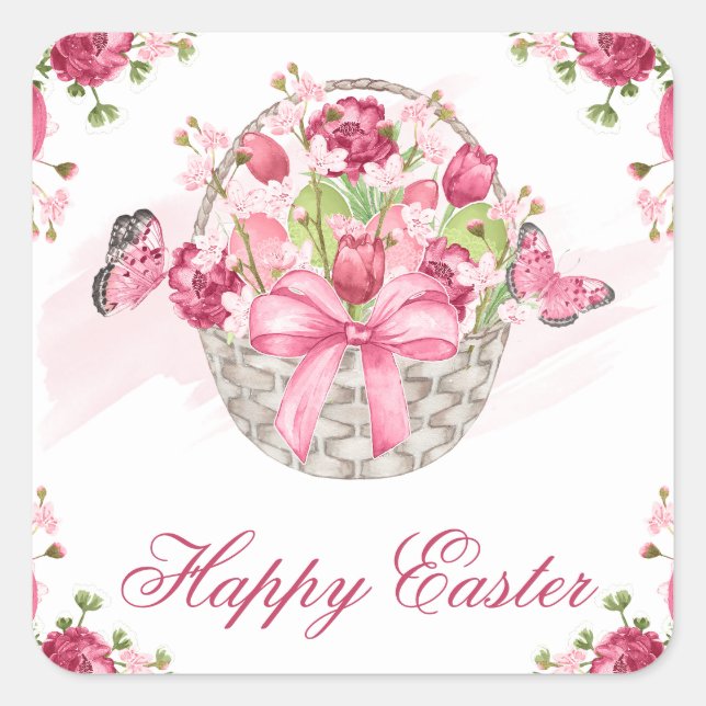 Pegatina Cuadrada Cesta floral rosa y mariposas felices pascuas (Anverso)