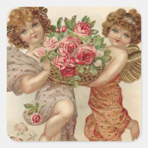 Pegatina Cuadrada Cesto de Ángel Querubín Cupido Rosas Rosa