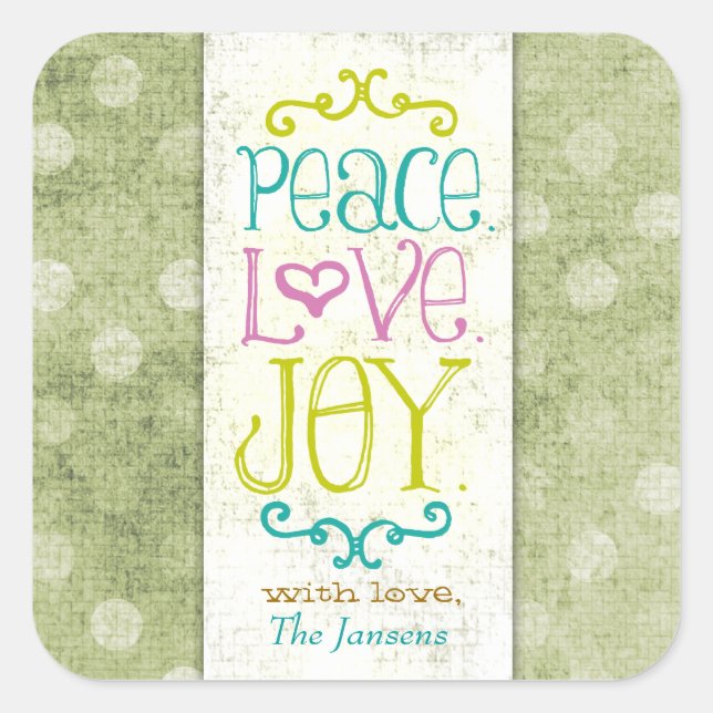 Pegatina Cuadrada CG Peace Love and Joy Lime Dots (Anverso)