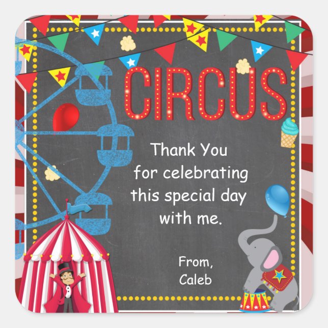 Pegatina Cuadrada Chalkboard Circus Carnival Birthday Party Favor (Anverso)