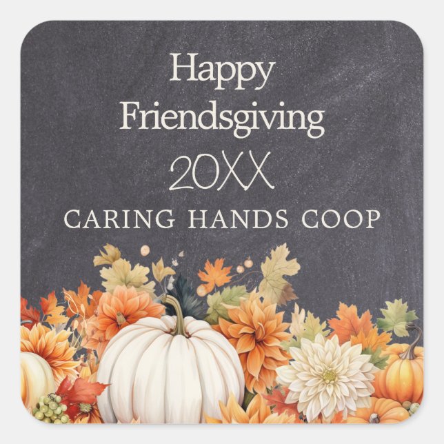 Pegatina Cuadrada Chalkboard Fall Pumpkin Floral Friendsgiving Year (Anverso)