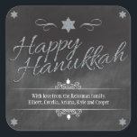 Pegatina Cuadrada Chalkboard Faux Silver Purpurina Hanukkah<br><div class="desc">Un fondo de pizarra muestra las palabras "Happy Hanukkah" (Feliz Hanukkah), que se representa en un falso efecto purpurina plateado. Una Estrella purpurinoso de David plateada marca la parte superior del diseño. Los sueños se agregan como acentos junto con ornamentos curvados para enmarcar tu mensaje especial. ¡La manera perfecta de...</div>