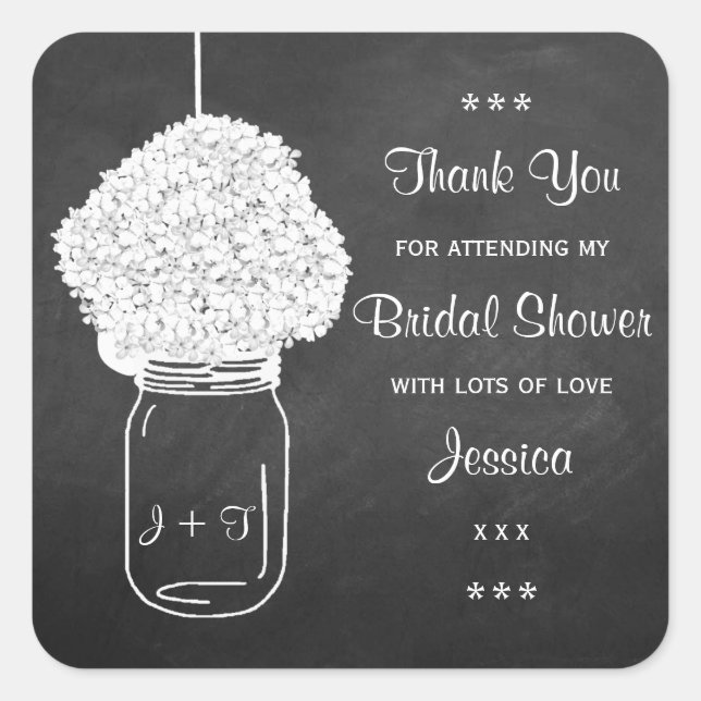 Pegatina Cuadrada Chalkboard Hydrangea Mason Jar Bridal Shower (Anverso)