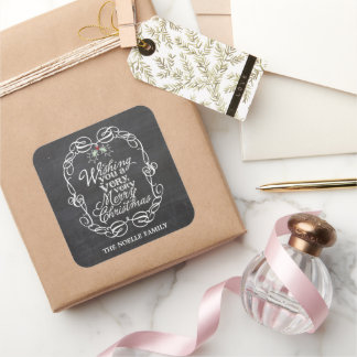 Pegatina Cuadrada Chalkboard Mistletoescritura blanca Feliz Navidad