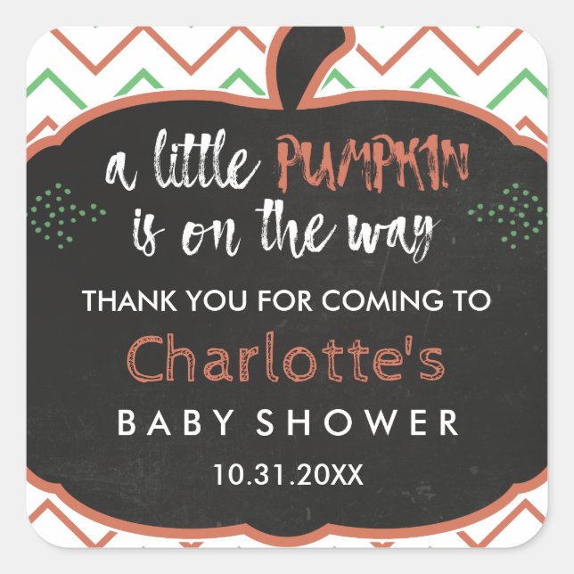 Pegatina Cuadrada Chalkboard Pumpkin & Chevron Baby Shower Gracias (Anverso)