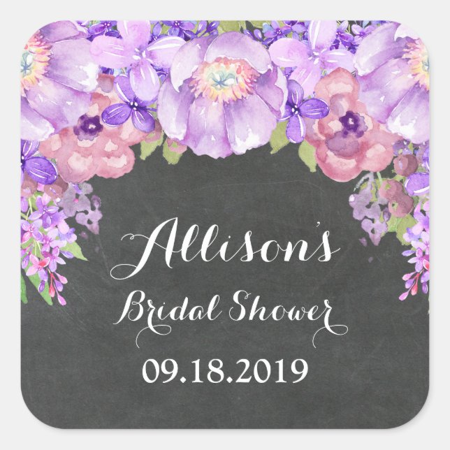 Pegatina Cuadrada Chalkboard Purple Floral Bridal Shower Favorito Et (Anverso)