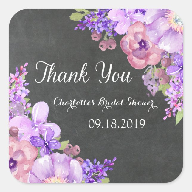 Pegatina Cuadrada Chalkboard Purple Floral Bridal Shower Favorito Et (Anverso)