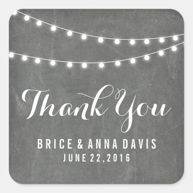 Pegatina Cuadrada Chalkboard Summer String Light Boda Gracias (Anverso)