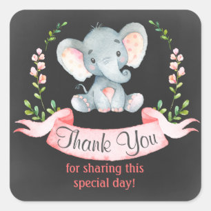 Pegatina Cuadrada Chalkboard Watercolor Elephant Chica Gracias