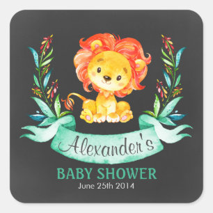 Pegatina Cuadrada Chalkboard Watercolor Lion Baby Shower
