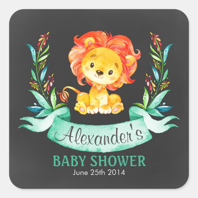 Pegatina Cuadrada Chalkboard Watercolor Lion Baby Shower (Anverso)