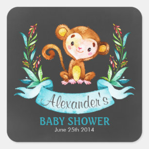 Pegatina Cuadrada Chalkboard Watercolor Monkey Boy Baby Shower