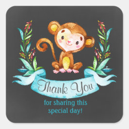 Pegatina Cuadrada Chalkboard Watercolor Monkey Boy Gracias