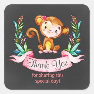 Pegatina Cuadrada Chalkboard Watercolor Monkey Chica Gracias