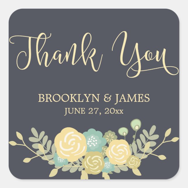 Pegatina Cuadrada Chalkboard Wedding Stickers Square Yellow Flowers (Anverso)