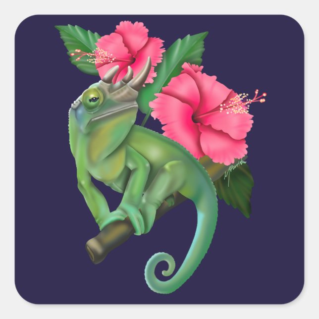 Pegatina Cuadrada Chameleon de Jackson con Hibiscus (Anverso)