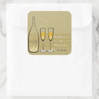 Pegatina Cuadrada Champagne de oro Bubbly Saluda Elegante Fiesta de 