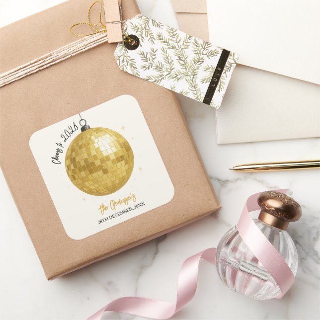 Pegatina Cuadrada Champagne Disco Ball 2026 New Year Eve (Regalar)