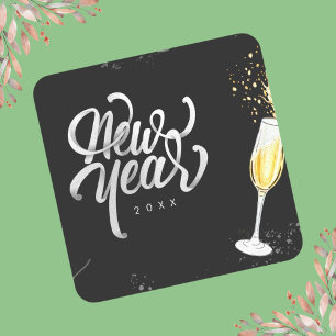 Pegatina Cuadrada Champagne Gold Black Wine Glass Confetti Moderno