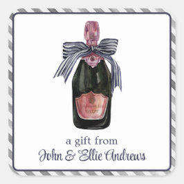 Pegatina Cuadrada Champán francés acuarela con regalo a rayas